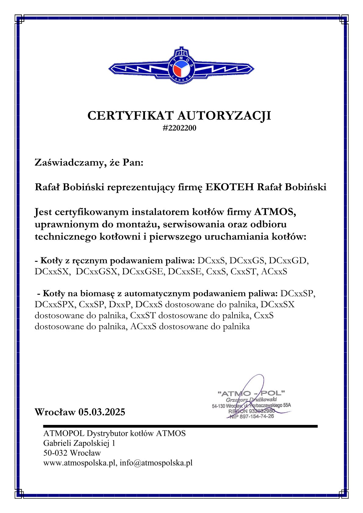 Certyfikat instalatora kotłów Atmos EKOTEH Instalacje Grzewcze – montaż pomp ciepła, kotłów pelletowych i instalacji CO. Szczecin, Zachodniopomorskie, cała Polska