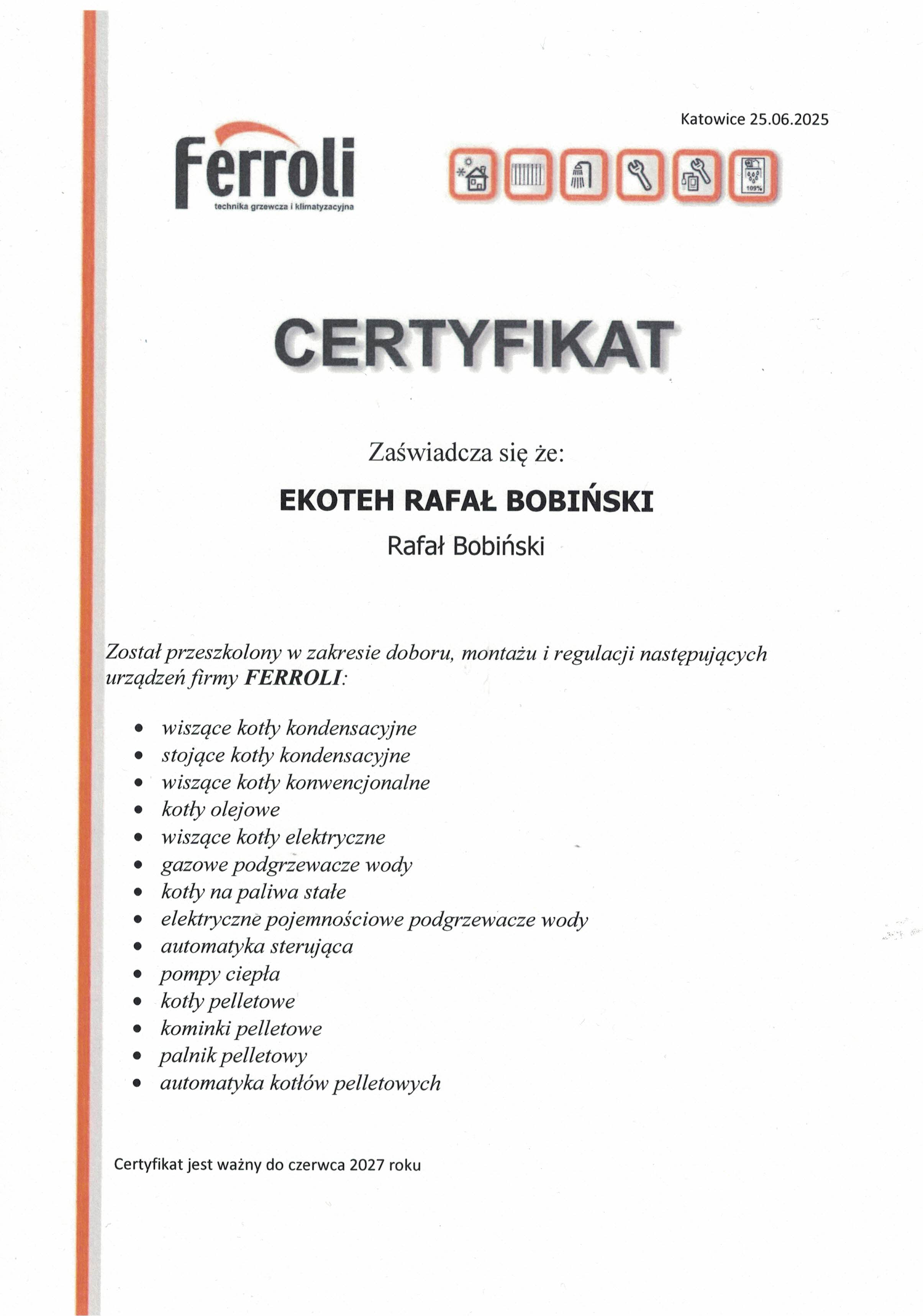Certyfikat instalatora kotłów Feffoli EKOTEH Instalacje Grzewcze – montaż pomp ciepła, kotłów pelletowych i instalacji CO. Szczecin, Zachodniopomorskie, cała Polska.