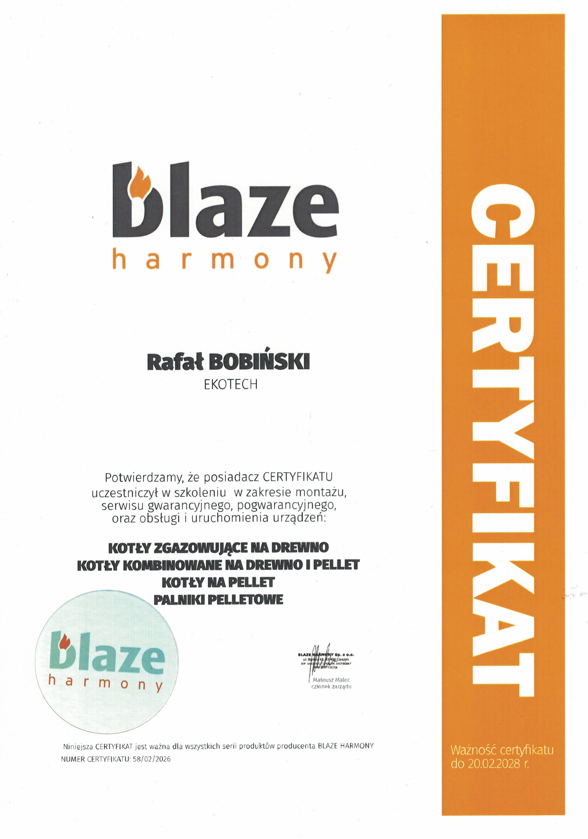 Certyfikat instalatora kotłów pelletowych Blaze Harmony – EKOTEH Instalacje Grzewcze – montaż pomp ciepła, kotłów pelletowych i instalacji CO. Szczecin, Zachodniopomorskie, cała Polska