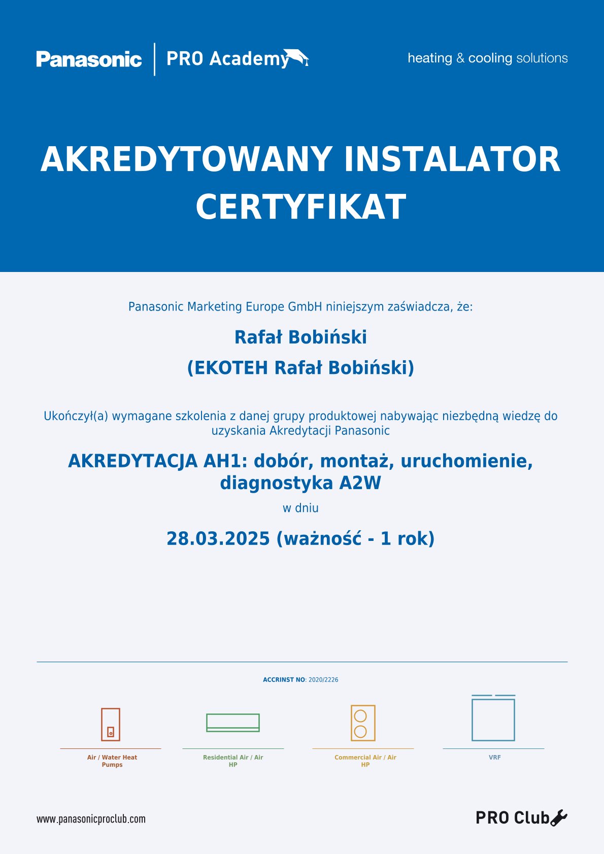 Certyfikat instalatora pomp ciepła Panasonic – EKOTEH Instalacje Grzewcze – montaż pomp ciepła, kotłów pelletowych i instalacji CO. Szczecin, Zachodniopomorskie, cała Polska